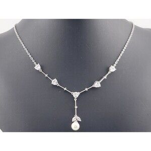 Elegant Signed Mariell Crystal Faux Pearl Rhodium Finish Y-Drop Choker Necklace